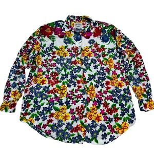 Solutions Original L White Button Down Floral Shirt Rayon Shoulder Pads